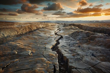 Obraz premium Majestic Sunset Over Rugged Terrain with Dramatic Sky and Textured Landscape - Ideal for Backgrounds and Natural Themes