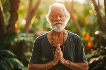Serene Elderly Man Practicing Meditation with Namaste Gesture in Lush Garden at Sunset - obrazy, fototapety, plakaty