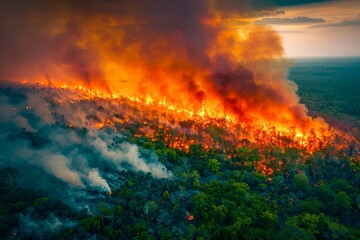 Fototapeta premium Aerial View of Massive Wildfire Engulfing Forest, Flames and Smoke Rising Against Evening Sky, Environmental Disaster Scene