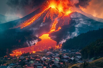 Majestic Volcanic Eruption Over Small Village at Twilight with Vivid Lava Flows and Ash Plumes