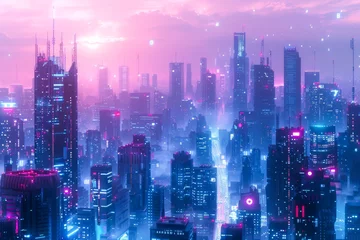 Foto op Plexiglas Futuristic Cyberpunk Cityscape with Neon Lights and Skyscrapers at Twilight © pisan
