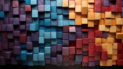a colorful wall of wood is behind a screen, in the style of colorful cubist, chalk, bold chromaticity, matte background, quadratura, carved wood blocks, brightly colored - obrazy, fototapety, plakaty