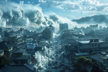 Catastrophic Tsunami Waves Engulfing a Coastal City with Immense Power and Destruction - obrazy, fototapety, plakaty