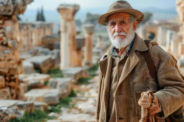Foto op Canvas Elderly Explorer with Hat and Backpack Visiting Ancient Ruins on a Sunny Day © pisan
