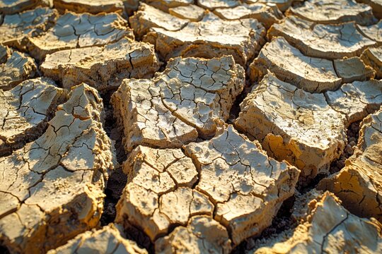 Sunlit Cracked Earth Texture, Arid Climate Soil Drought, Environmental Changes Background