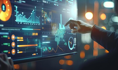 Finance and Money Transaction Technology Concept. Icon Graphic interface showing fintech trade exchange, profit statistics analysis and market analyst service in modern computer application.