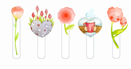 Vector watercolour set, postcard, clipart for Mother's Day. A symbol of love and care, flowers, hearts and inscriptions on a white or light background.