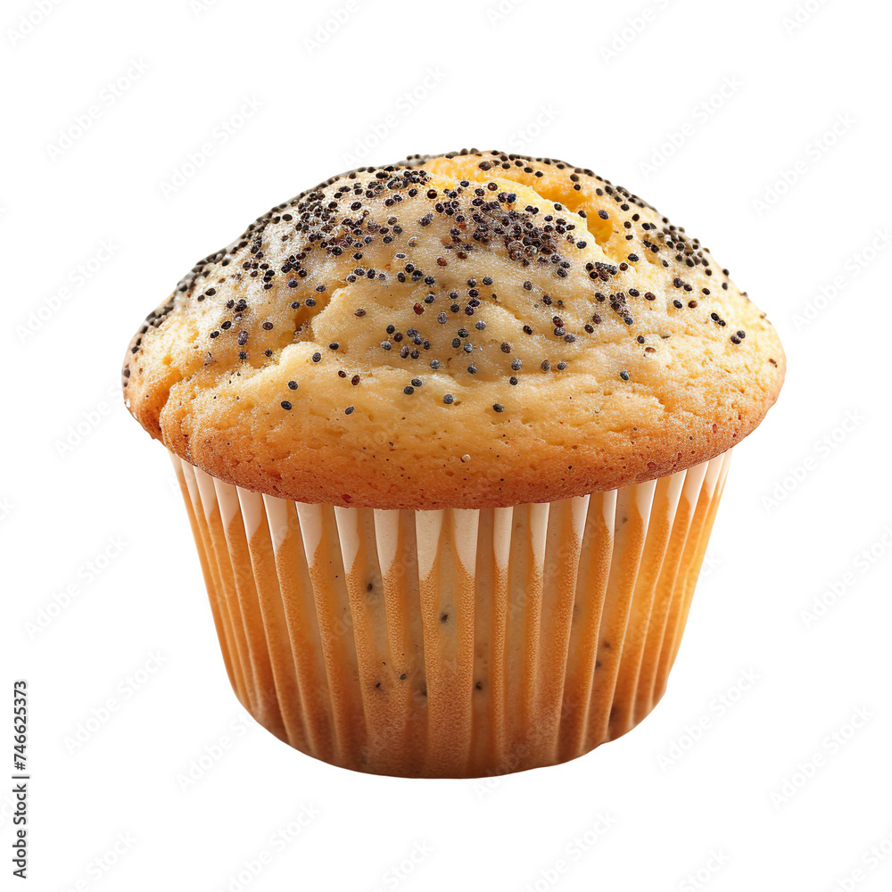 Wall mural front view of single lemon poppy seed muffin isolated on a white transparent background