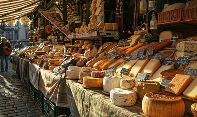Cheese counter at the weekly market - obrazy, fototapety, plakaty