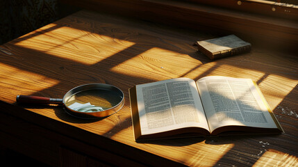 Desk with Magnifying Glass and Open Book