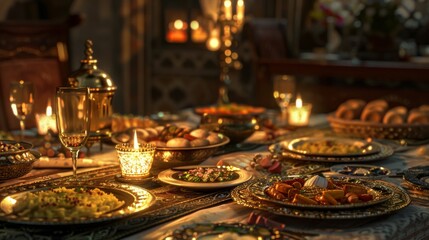 Traditional ramadan Feast Setup with Ornate Dishware and a Variety of Middle Eastern Foods