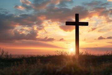 As symbol of Christianity, Easter cross is seen at dawn AI Generative