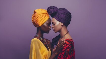 Close-up of two women with headscarves touching foreheads on a purple background. Intimacy and lesbian concept in cultural attire - obrazy, fototapety, plakaty