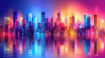 A colorful and vibrant abstract skyline of neon skyscrapers glowing at nigh - obrazy, fototapety, plakaty