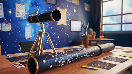 Desk with Telescope and Star Charts