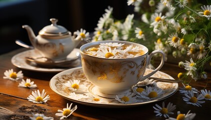 a cup of chamomile tea with chamomile flowers on wooden background royalty free copy space, impressionist sensibilities, massurrealism, focus stacking, realistic, detailed rendering - obrazy, fototapety, plakaty