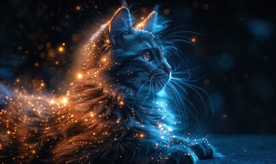 Glowing cat. Beautiful fluffy cat in lights - obrazy, fototapety, plakaty