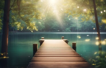 Wooden pier in a quiet forest by the lake