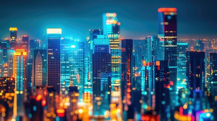 A colorful and vibrant abstract skyline of neon skyscrapers glowing at nigh