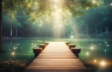 Wooden pier in a quiet forest by the lake