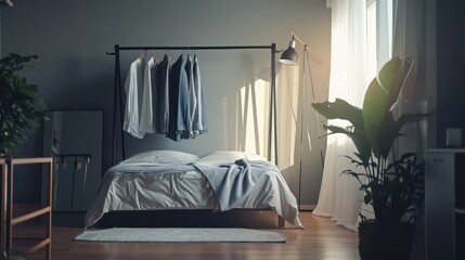 Modern bedroom interior with open wardrobe, soft bedding, and ambient lighting. Minimalist home decor and lifestyle concept