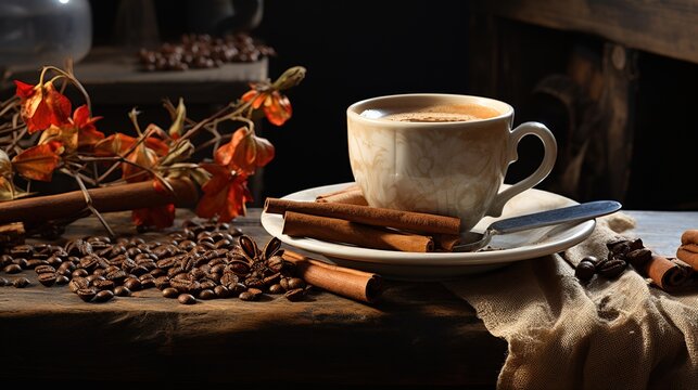 a cup of coffee with cinnamon on a wooden table, in the style of warmcore, realistic oil paintings, luxurious fabrics, creative commons attribution, heistcore