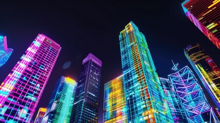 Obraz premium A colorful and vibrant abstract skyline of neon skyscrapers glowing at nigh