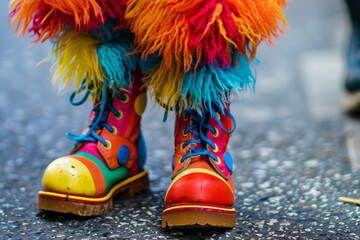 clown shoes at a carnival, showcasing a street-inspired, parodic, and comic book-style aesthetic. for use in promotional materials, articles, or social media posts related to carnivals, street culture