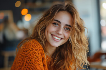 An engaging young woman with curly auburn hair and a joyful smile in a cozy café setting. - obrazy, fototapety, plakaty