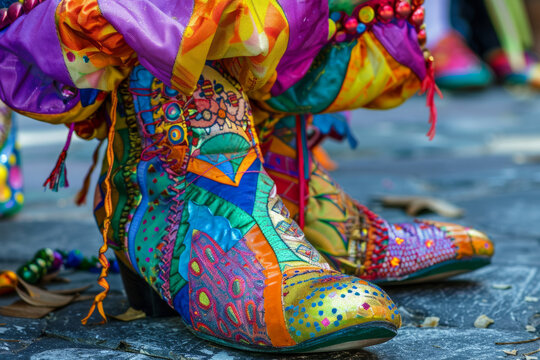 clown shoes at a carnival, showcasing a street-inspired, parodic, and comic book-style aesthetic. for use in promotional materials, articles, or social media posts related to carnivals, street culture