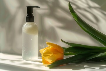 Minimalist Skincare Bottle with Dispenser and a Single Yellow Tulip on a Shadowy Background