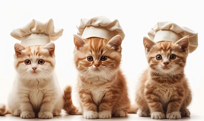 three cats cooks in a row. Cute fat chef cat, dynamic, anthropomorphic, isolated on a white background. For design, print, postcard, greeting card.