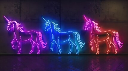 Cute Glowing neon unicorn light sign. - obrazy, fototapety, plakaty