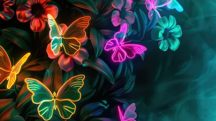 Fototapeta na wymiar Neon Butterflies background with copy space.