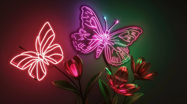 Neon Butterflies background with copy space.