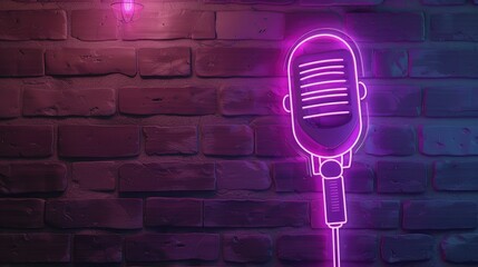 Neon sign of microphone frame logo for decoration and covering on the wall background. Concept of night club, live music and karaoke bar. - obrazy, fototapety, plakaty
