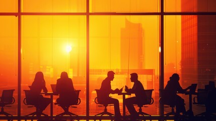 Silhouettes of office workers against sunset through the window, teamwork and business concept