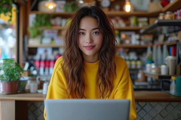 Fototapeta premium Focused young Asian female entrepreneur working on her laptop at a cozy coffee shop.