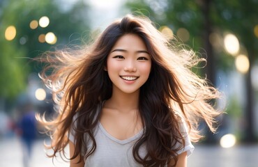 Youthful charming asian teenager with long hair and a beaming smile