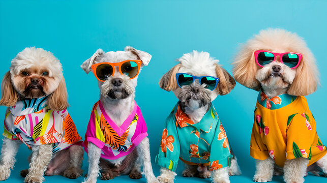 Funny dogs in sunglasses and bright clothes on a blue background. Kidkore style, the concept of humanization,dogs portrait with sunglasses, Funny animals in a group together looking at the camera
