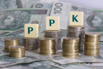 PPK, Pracownicze Plany Kapitalowe, letters on polish zloty coins, banknotes. PPK is a Employee Capital Plans private savings retirement plan in Poland contributed to by the employer and the state.