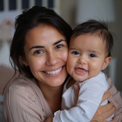 Portrait of a smiling woman holding a baby suitable for family or childcare industry