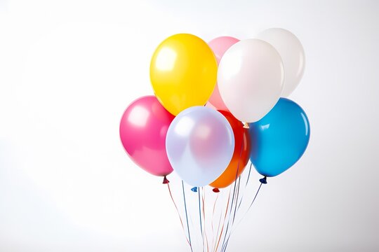 A stunning composition of birthday balloons in vibrant colors, arranged in an elegant cluster on a white background, providing ample copy space.