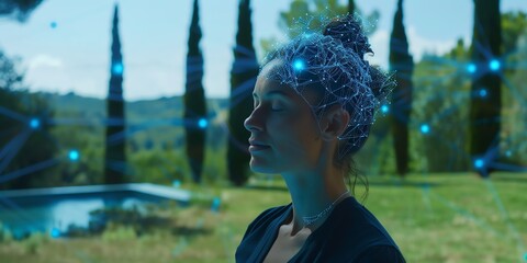 A woman in meditation, overlaid with a neural network pattern, set against a natural landscape, symbolizing the intersection of technology, mind, and nature.