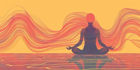 A figure in meditation, connected to flowing waves of vibrant energy, encapsulating a theme of tranquility and the harmony of mind, body, and digital space.
