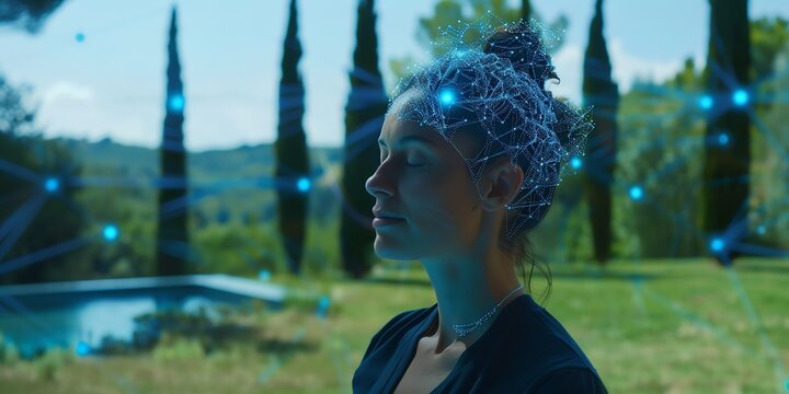 A woman in meditation, overlaid with a neural network pattern, set against a natural landscape, symbolizing the intersection of technology, mind, and nature.