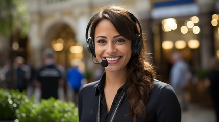 Customer service representative wearing a headset, assisting clients, business and communication