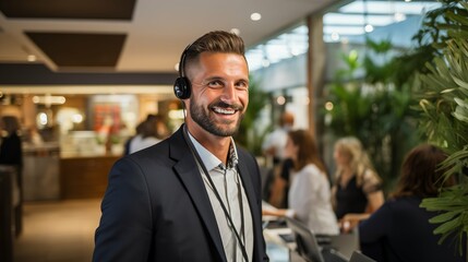 Customer service representative wearing a headset, assisting clients, business and communication
