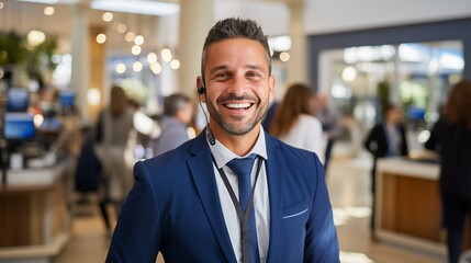 Customer service representative wearing a headset, assisting clients, business and communication