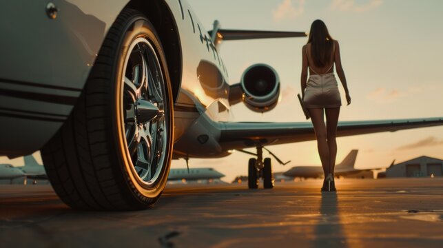 Low Section Of Wealthy Woman Stepping Out Of Car Parked In Front Of Private Plane